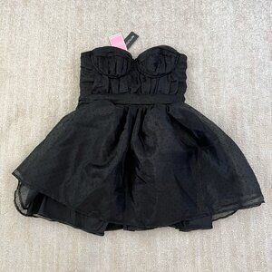 NWT PrettyLittleThing Black Strapless Corset Puffball Mini Dress 4 Formal Prom